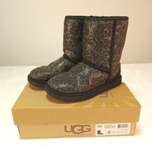 Ugg Leopard Classic Short Glitter Boots 7 Brown Black Sparkly Shiny Cheetah Gold